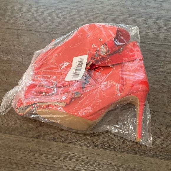 NWT BURJU Under The Influence Open Toe Lace Up Buckle Ankle Boots | Red 11 - Picture 2 of 10